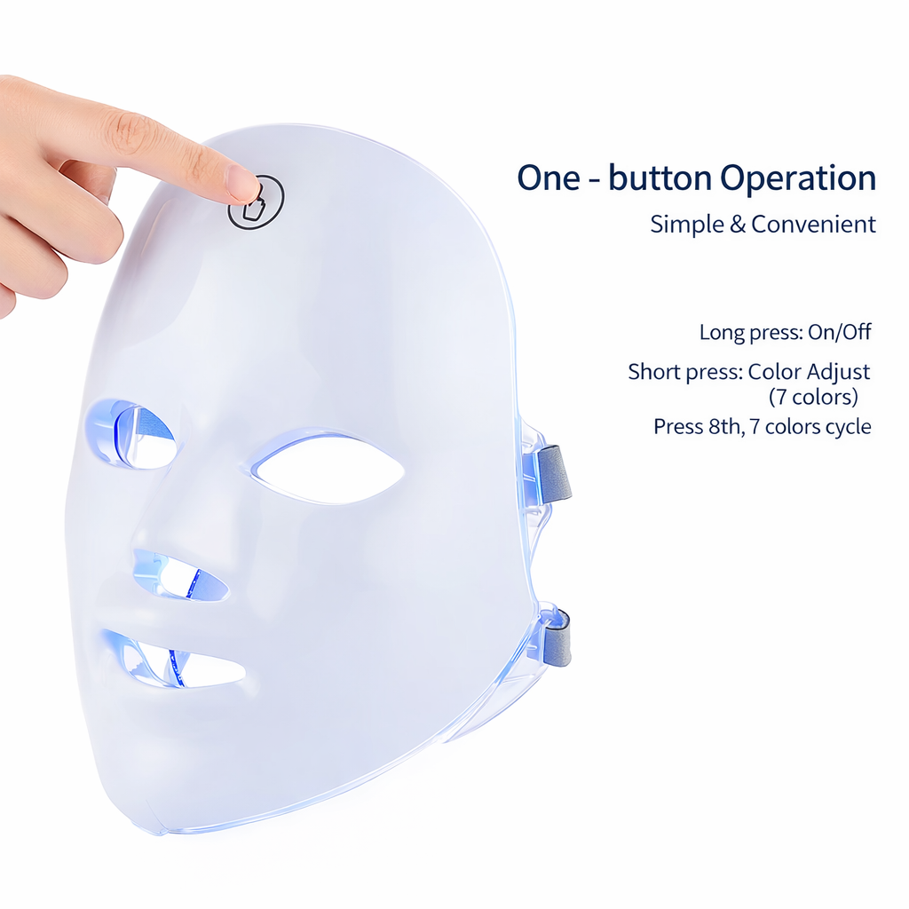 LED face mask with button operation on a white background