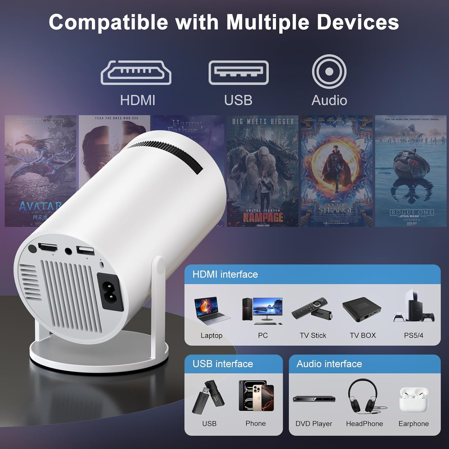 Ilumo Mini Projector - 4K - Compatible with Netflix, Prime Video, YouTube, Hulu, and more - Rotatable