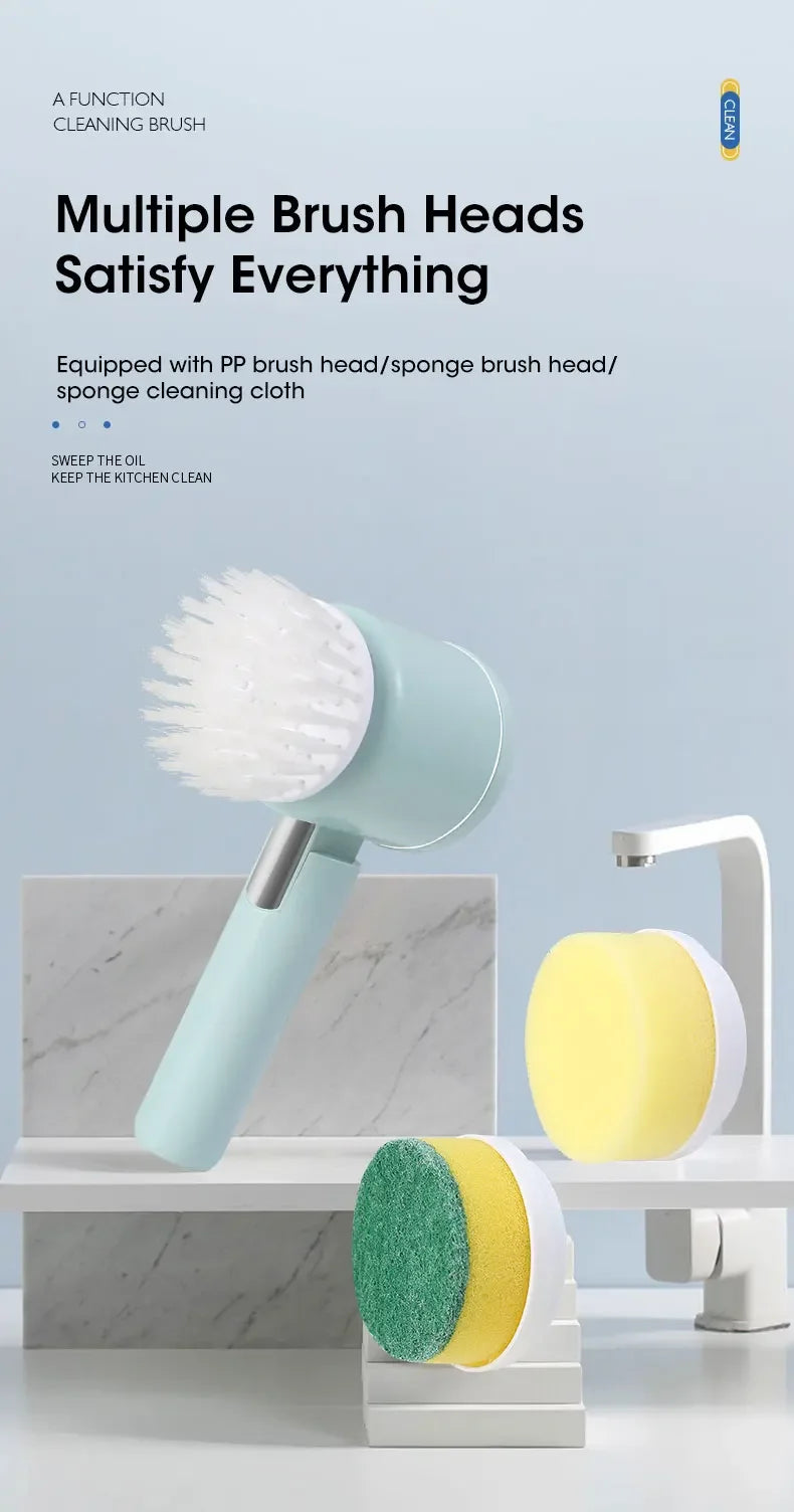 Cleaning brush set with multiple brush heads on a light blue background