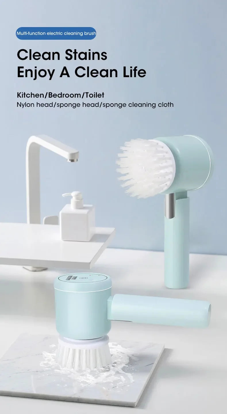 Multifunctional electric cleaning tool with scrubber head and cleaning cloth on a white surface.