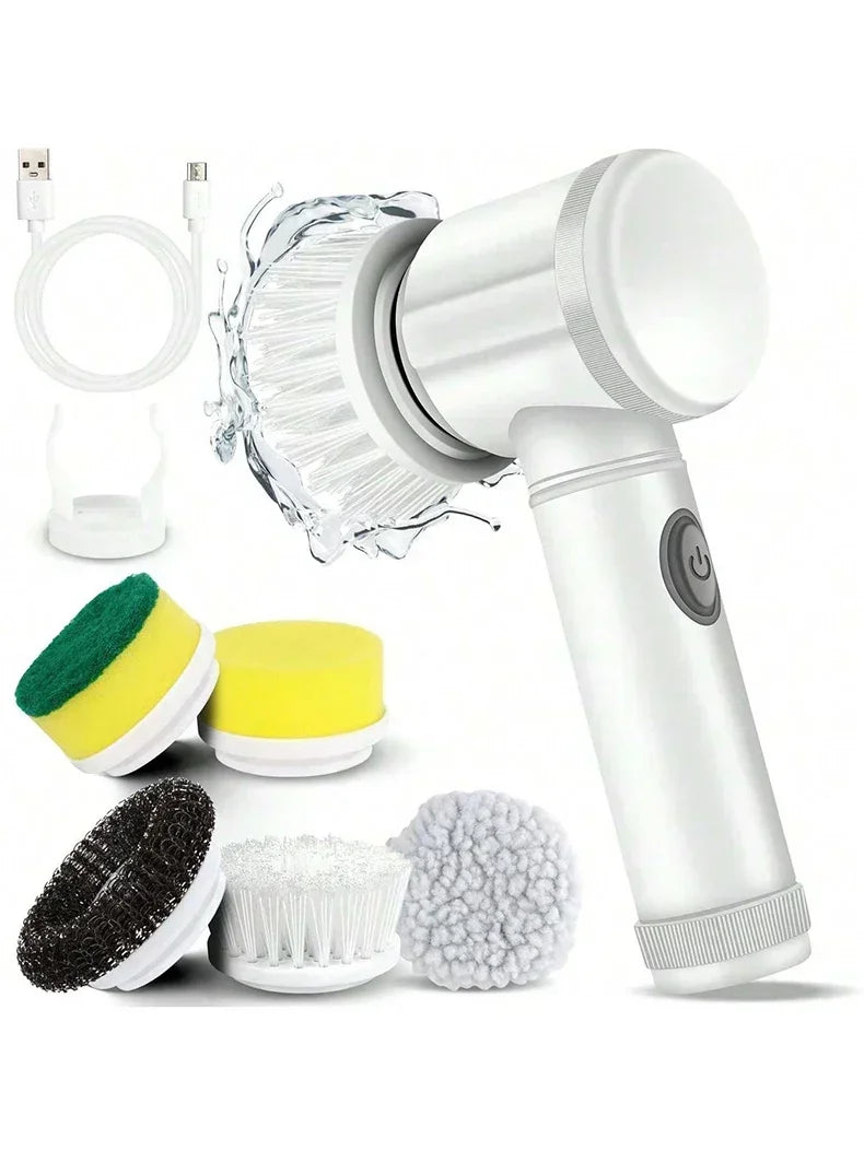 White handheld cleaning device with various attachments on a white background