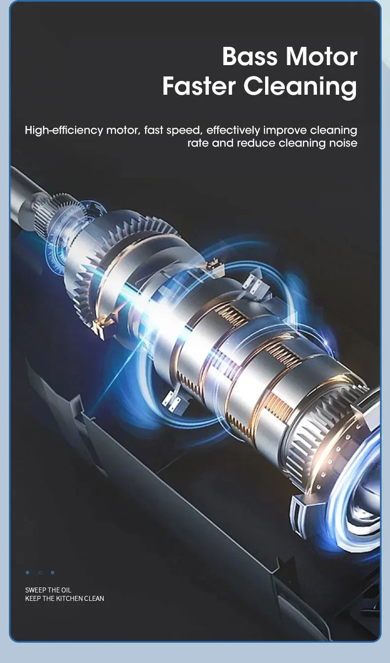 Bass motor with text about faster cleaning and efficiency on a dark background