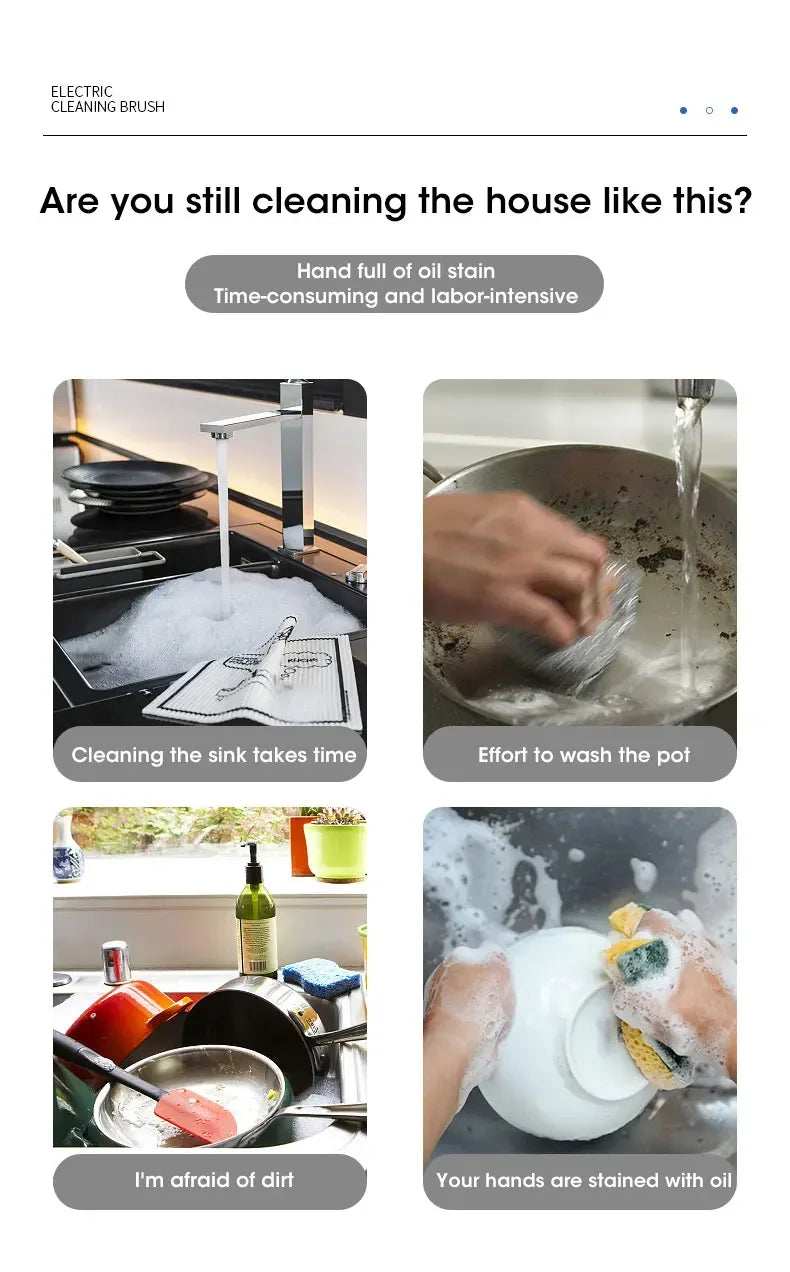 Advertisement for a cleaning brush with images of cleaning tasks and text about inefficiency.
