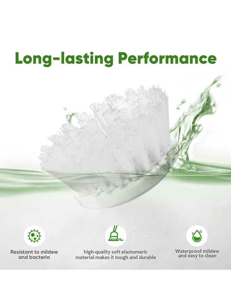 Cleaning brush with water splash and text highlighting long-lasting performance, resistance to mildew and bacteria, high-quality material, and waterproof properties.