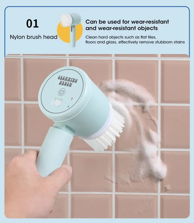 Handheld cleaning brush with a blue handle on a tiled floor background