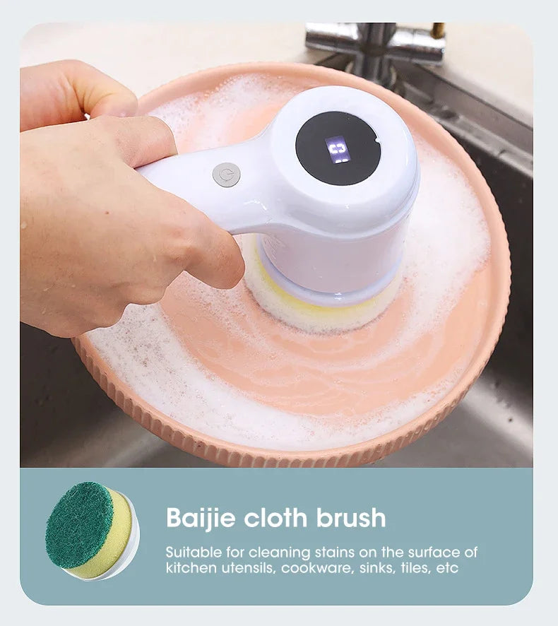 Hand using a Baijie cloth brush on a soapy surface with text about its use.