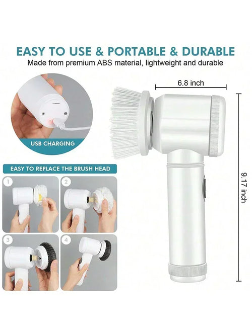 White handheld cleaning brush with USB charging feature and dimensions on a white background