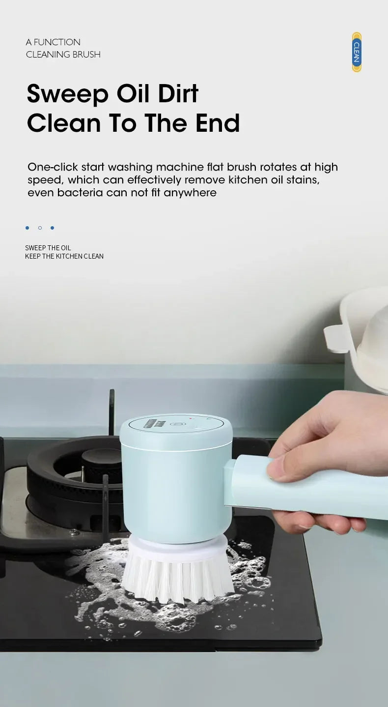 Cleaning brush being used on a stove with text describing its function.