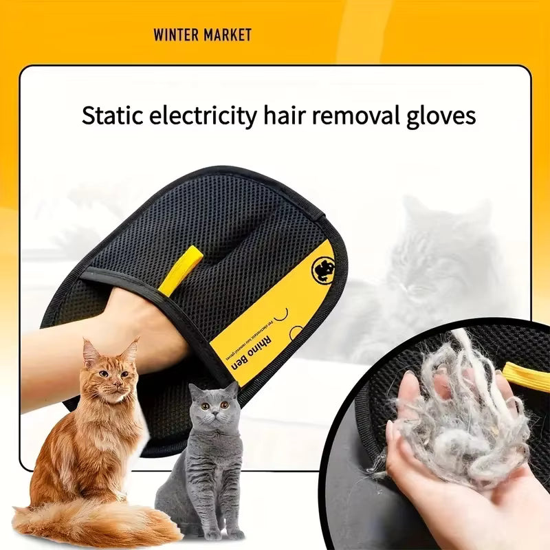 Static electricity hair removal gloves with a person wearing them, a cat, and a gray glove filled with hair on a yellow background.