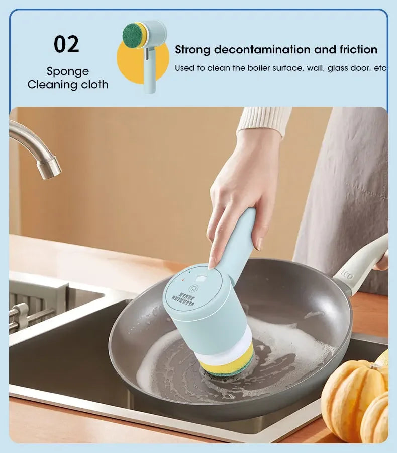 Person cleaning a frying pan with a sponge cleaning cloth in a kitchen setting.