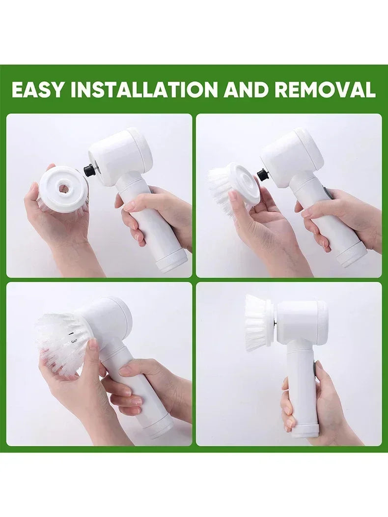 Demonstration of easy installation and removal of a white device with a brush attachment on a white background.