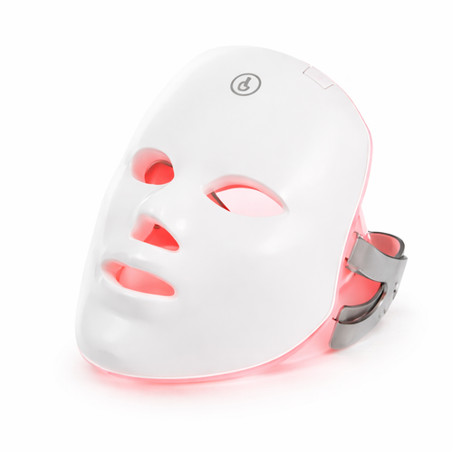 White LED face mask with red light on a white background