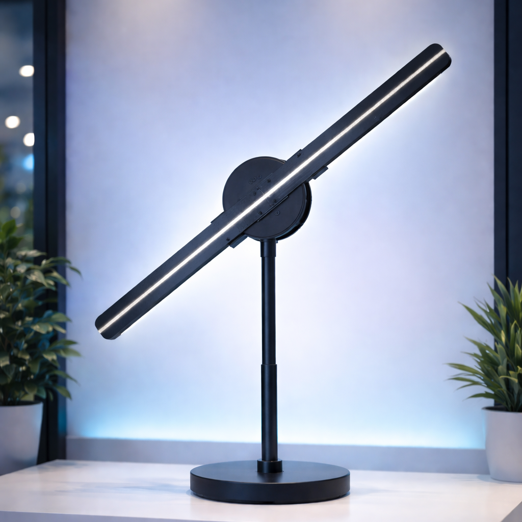 Modern 3D Hologram Fan on a white surface with a blurred indoor background